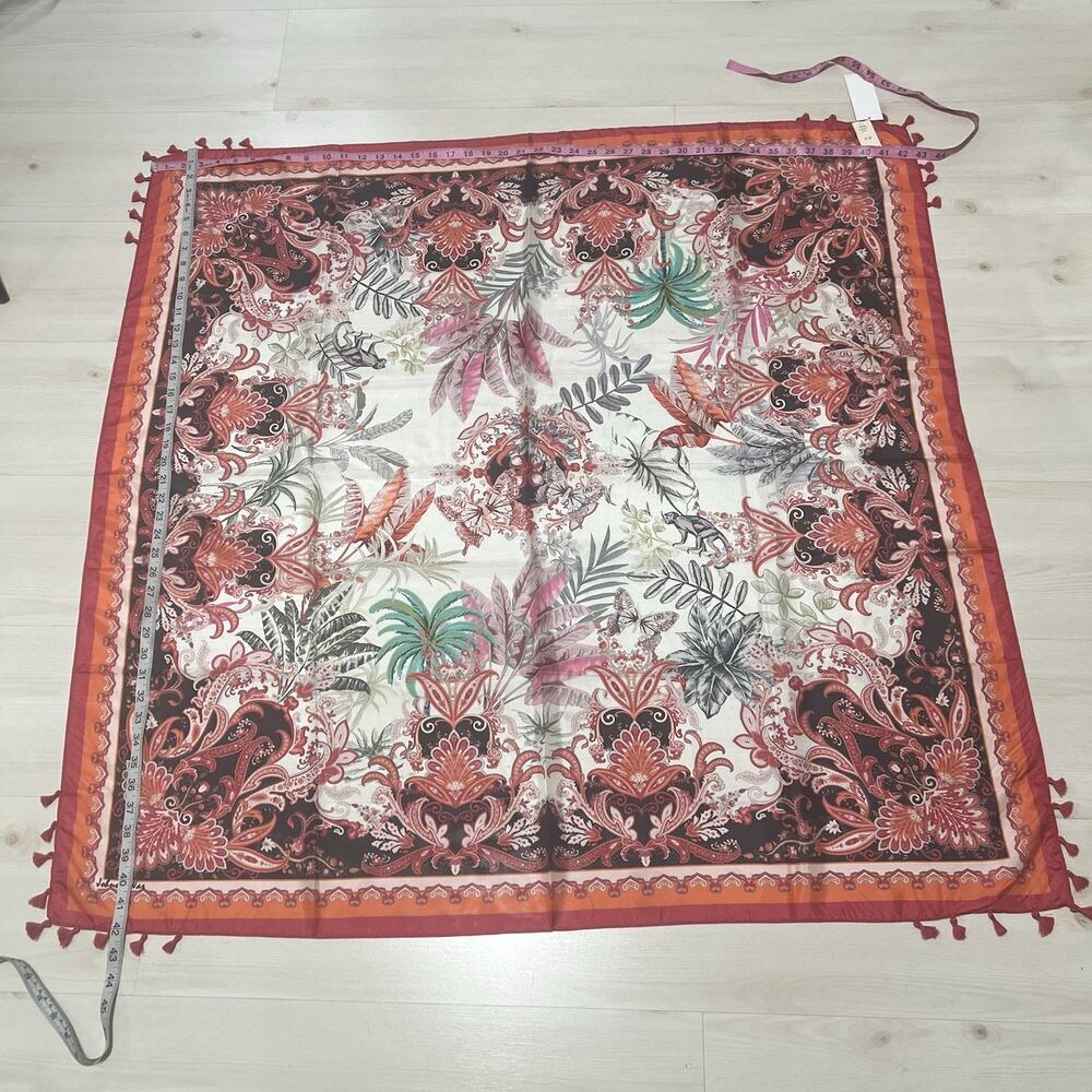NEW Johnny Was 100% Silk Scarf Tassels Butterflies Floral Print Pink 42x42 - Picture 5 of 9